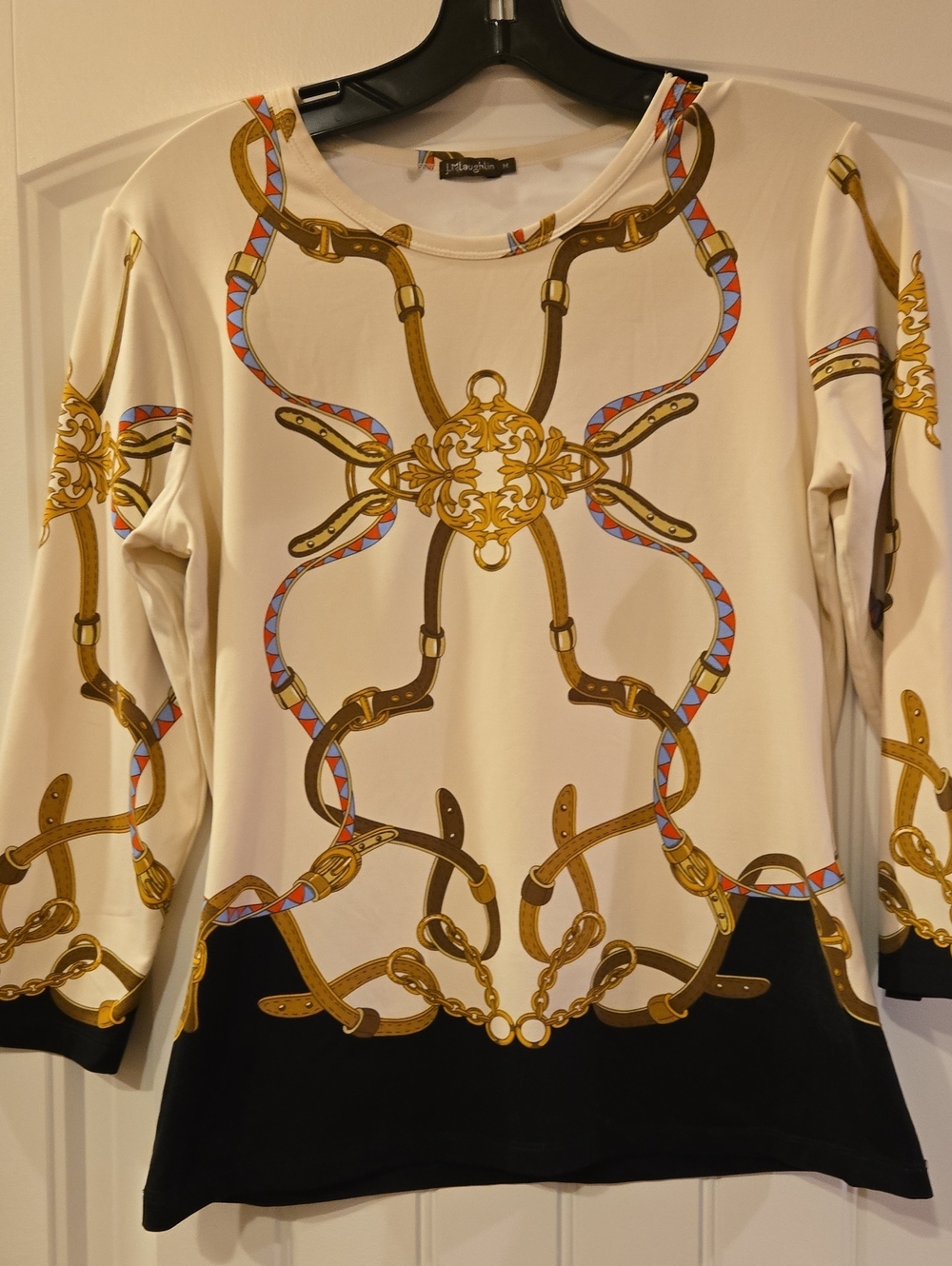 J. McLaughlin Cream, Black & Gold Chain-Print Long Sleeve Top